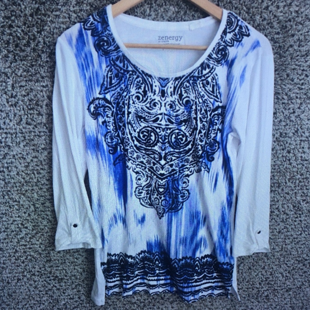 White and Blue Printed Scoop Neck Women's Top
